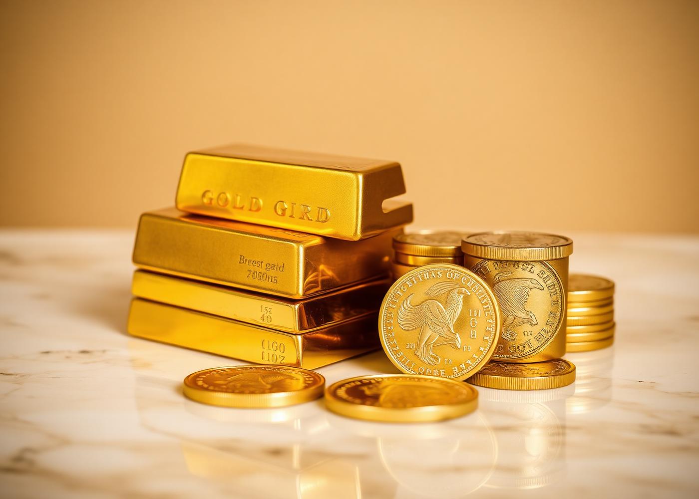 Stacked gold bars and sovereign coins
