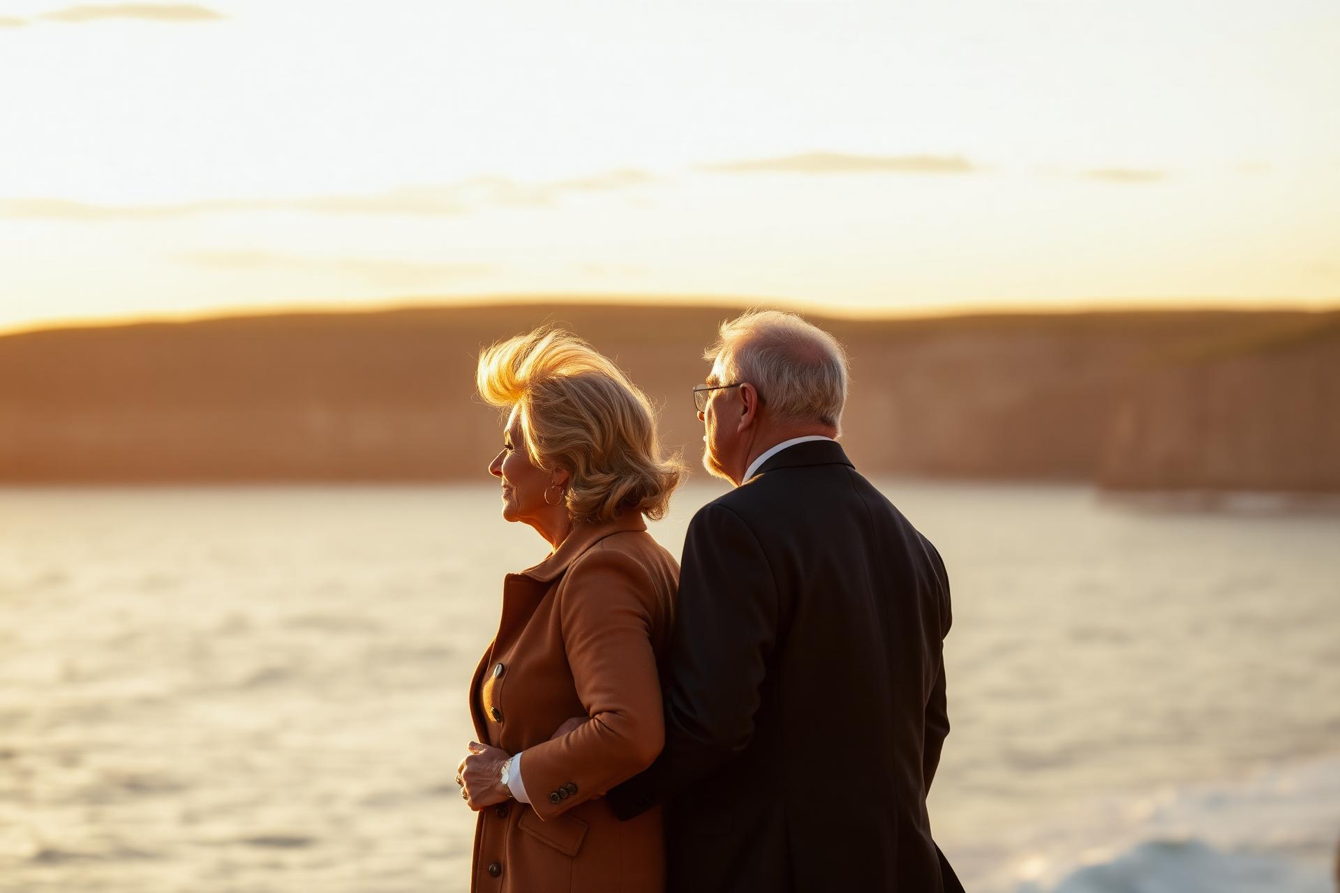 A British couple looking out over coastal cliffs at sunset