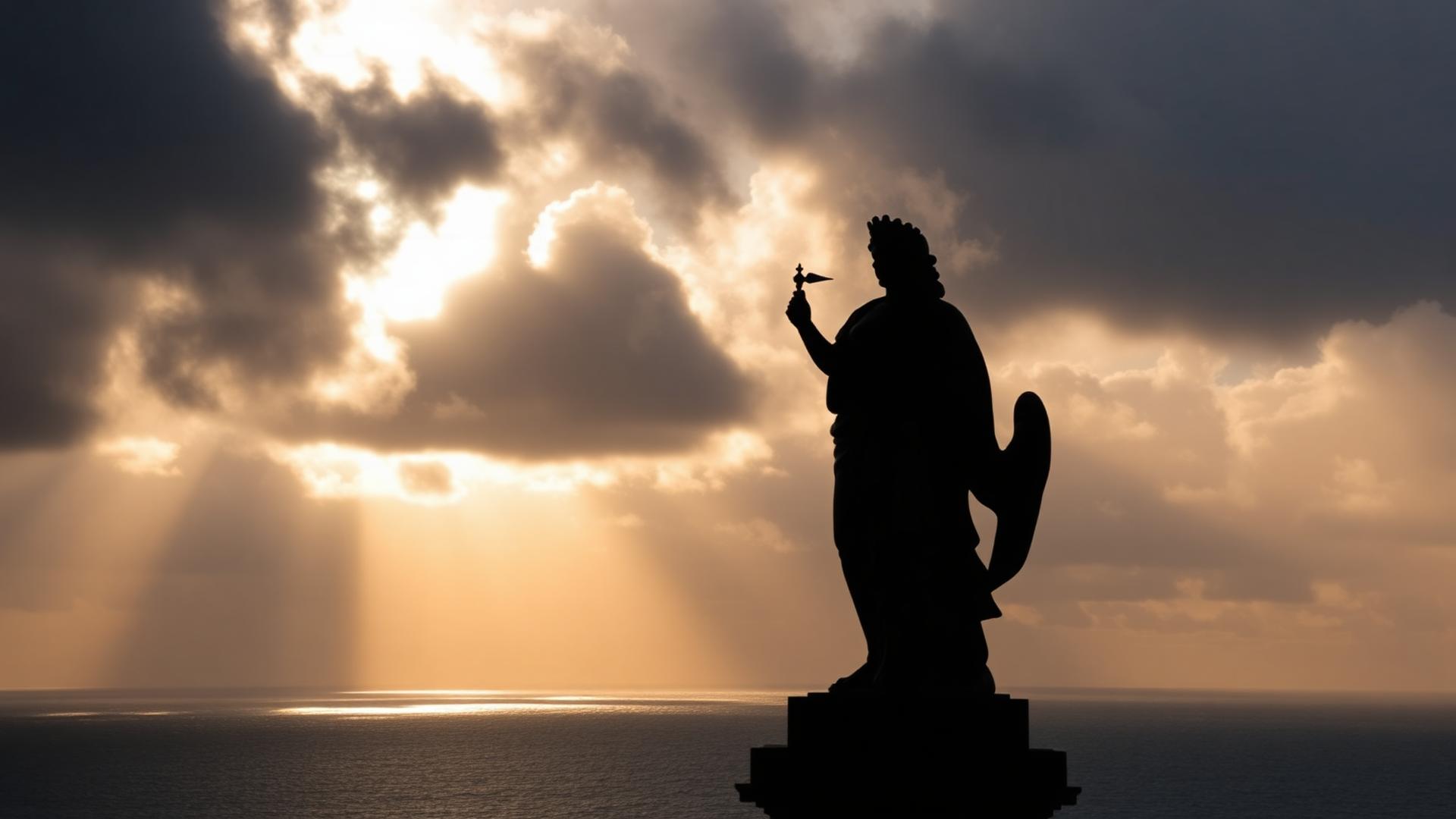 Gold statue silhouette against stormy golden sky